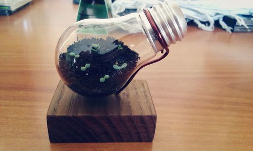 High angle view of ice cream in glass on table