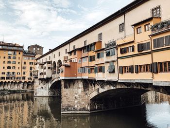 Arch bridge over river by buildings against sky