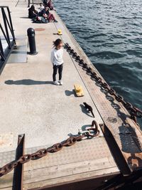 Rear view of woman standing on railing by sea