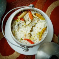 High angle view of food in bowl on table