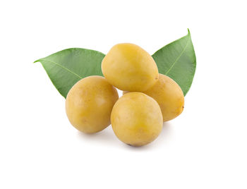 Close-up of fruits and leaves against white background