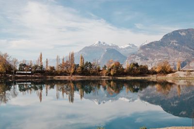 Scenic view of lake and mountains against sky