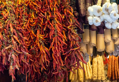 Full frame shot of chili peppers at market stall