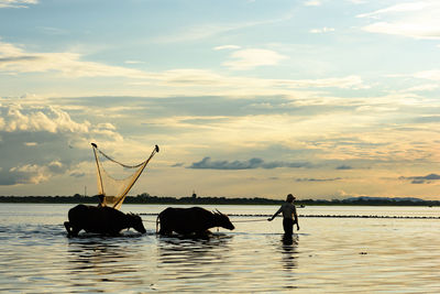 Silhouette people in lake against sky