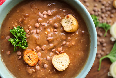 Close-up of soup in bowl on table