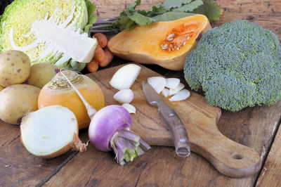 High angle view of chopped vegetables on cutting board