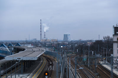 High angle view of railroad tracks against sky