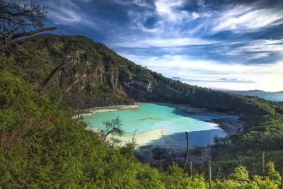 Scenic view of lake by mountains against sky