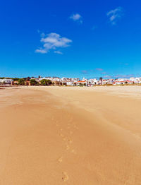 Scenic view of beach against blue sky