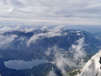 Aerial view of mountain range against sky