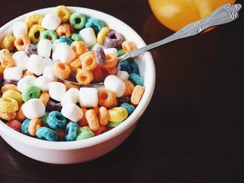 High angle view of cereals in bowl on table