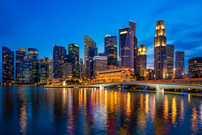 Illuminated buildings by river against blue sky at dusk