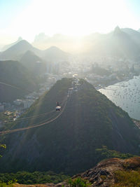 Aerial view of overhead cable car on mountains by city during sunny day