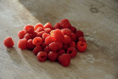 High angle view of chopped fruits on table