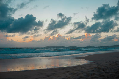 Scenic view of beach against sky during sunset