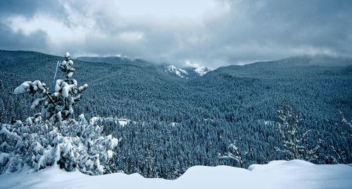 Scenic view of snow covered mountains against sky