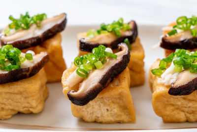 Close-up of food served on table