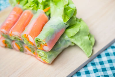 High angle view of vegetables in plate on table