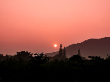 Silhouette trees and mountains against orange sky