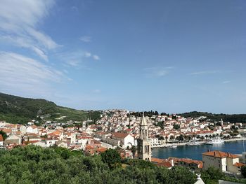 High angle shot of townscape against sky