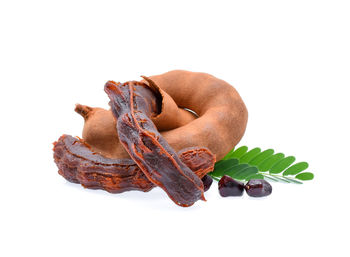 Close-up of chocolate cake on leaves against white background