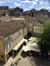 Saint emilion, france. panorama view of the medieval town. old stone houses with tile rooftop. 