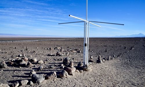 Windmills on field against sky