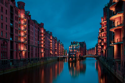 View of the speicherstadt at night in hamburg, germany. 