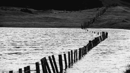 Wooden posts on beach