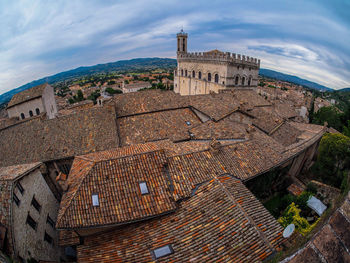 High angle view of old buildings in town