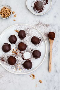 High angle view of dessert on table