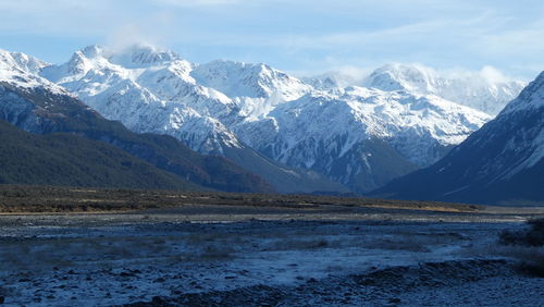 Scenic view of snowcapped mountains against sky