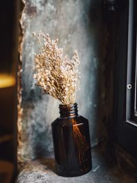 Close-up of flowers in glass bottle on table