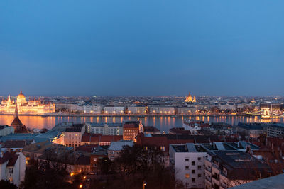 High angle view of buildings against clear sky
