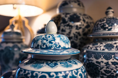 A close up blue and white china ceramic ware