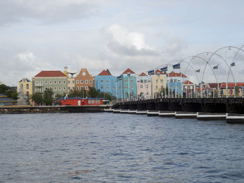 View of river in front of houses against cloudy sky