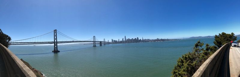 View of suspension bridge over sea