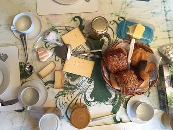 High angle view of breakfast on table