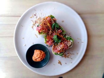 High angle view of food in plate on table