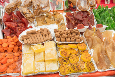 High angle view of food for sale at market stall