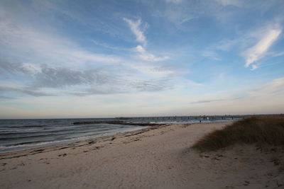 Scenic view of beach against sky during sunset