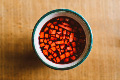 High angle view of drink in bowl on table