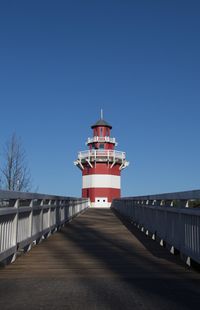 Lighthouse by sea against clear blue sky