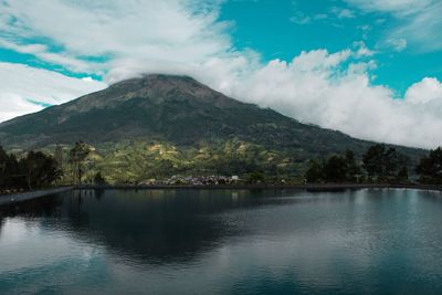 Scenic view of lake against cloudy sky