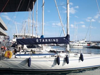 Sailboats moored on harbor against sky