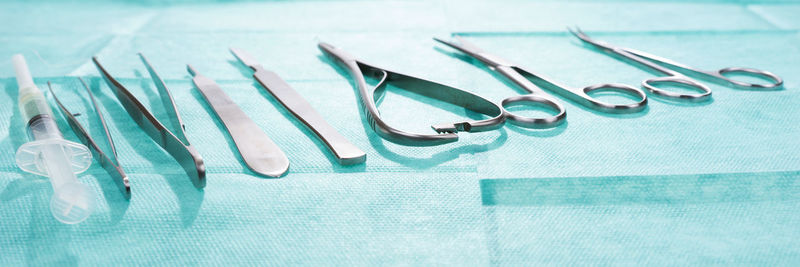 Panoramic shot of surgical tools on table