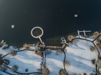 Aerial view of lake during winter
