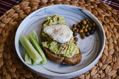 High angle view of breakfast served on table