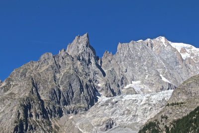 Low angle view of rocky mountains against clear blue sky