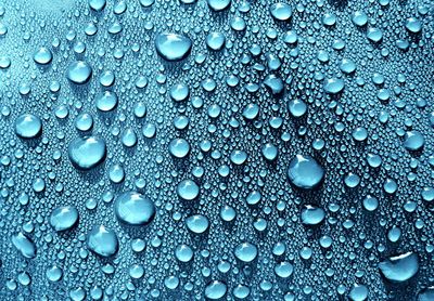 Close-up of water drops on blue surface